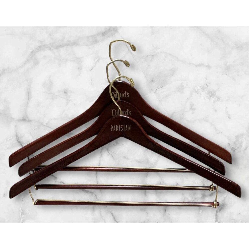 Lot of 3 Lacquered Wooden Suit Hangers Dark Brown Dept Stores